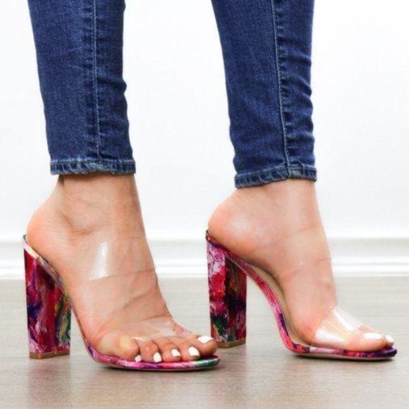 Shoes - Clear Strappy Chunky High Heel Slider Sandal